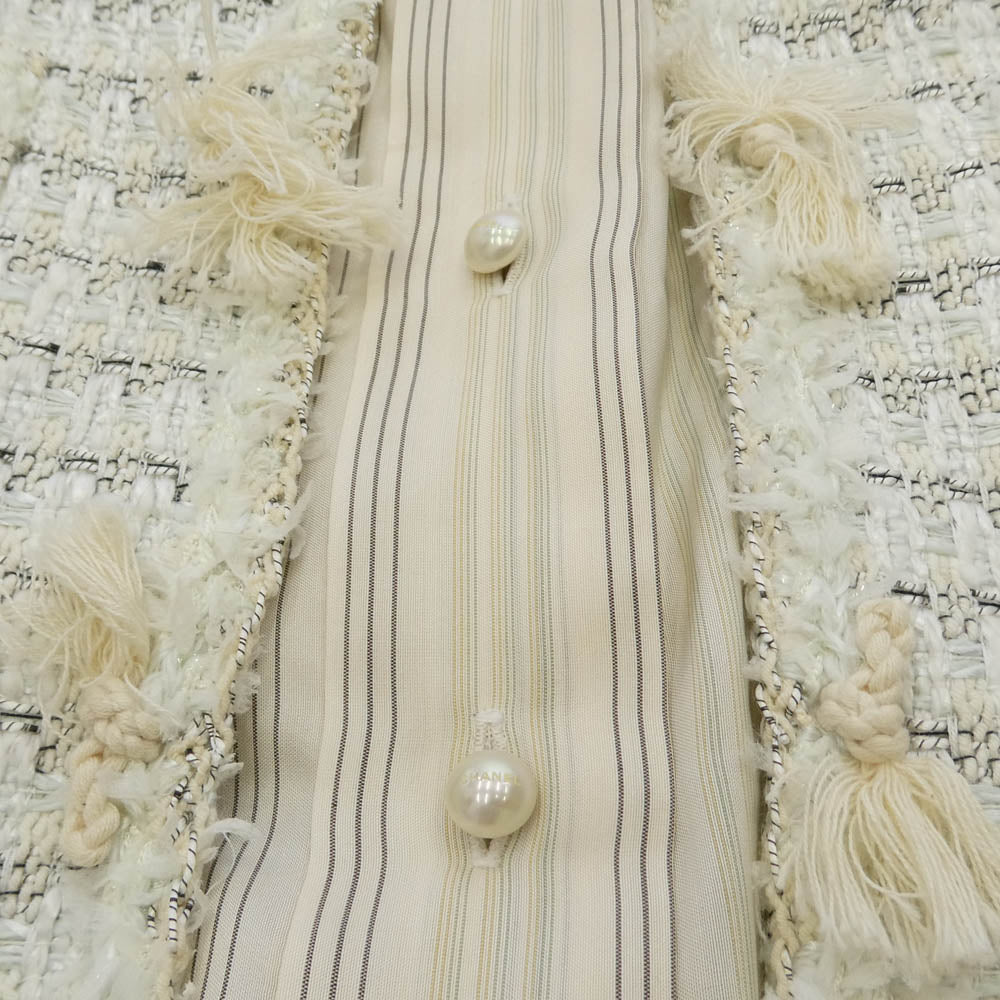 CHANEL シャネル P24960W03484 05C Collarless Single Breasted Tweed Jacket ノーカラー シングル ブレスト ツイード 半袖 ジャケット ホワイト系 ベージュ系 42【中古】