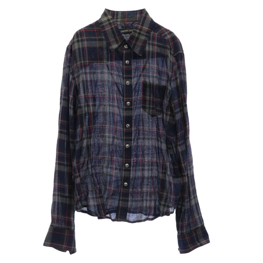 CHROME HEARTS クロムハーツ（原本無） BSフレアボタン 袖レザーパッチ 長袖 チェック シャツ グレー系 ネイビー系 M【中古】