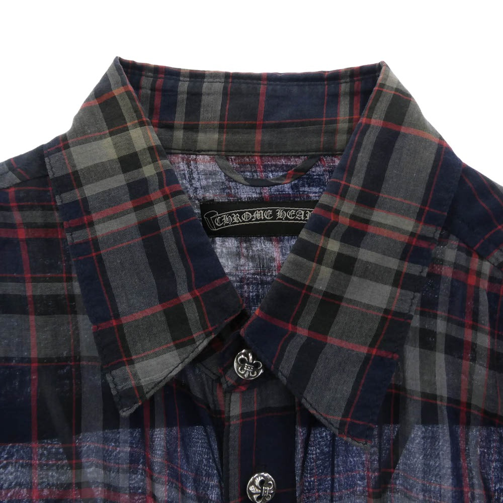 CHROME HEARTS クロムハーツ（原本無） BSフレアボタン 袖レザーパッチ 長袖 チェック シャツ グレー系 ネイビー系 M【中古】