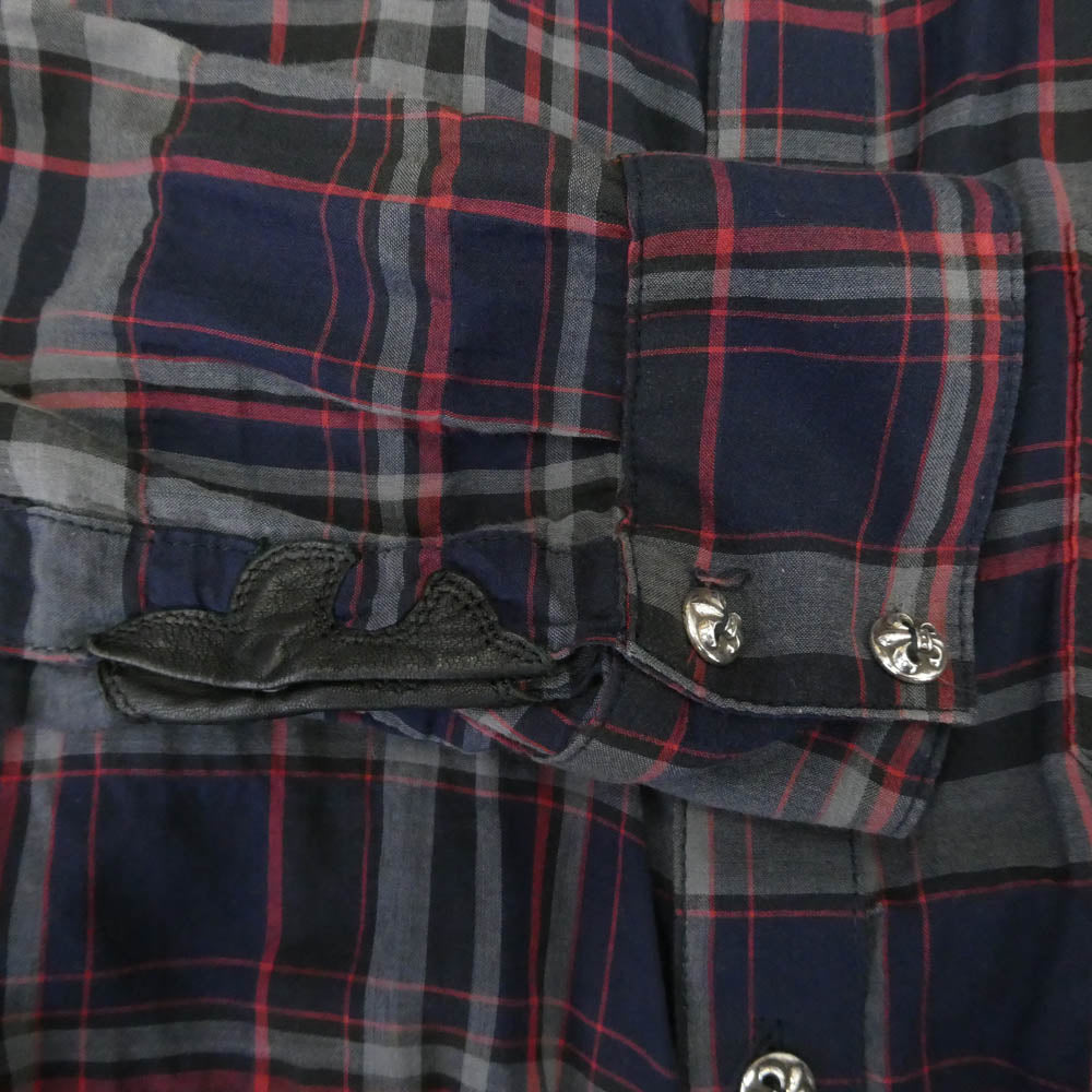 CHROME HEARTS クロムハーツ（原本無） BSフレアボタン 袖レザーパッチ 長袖 チェック シャツ グレー系 ネイビー系 M【中古】