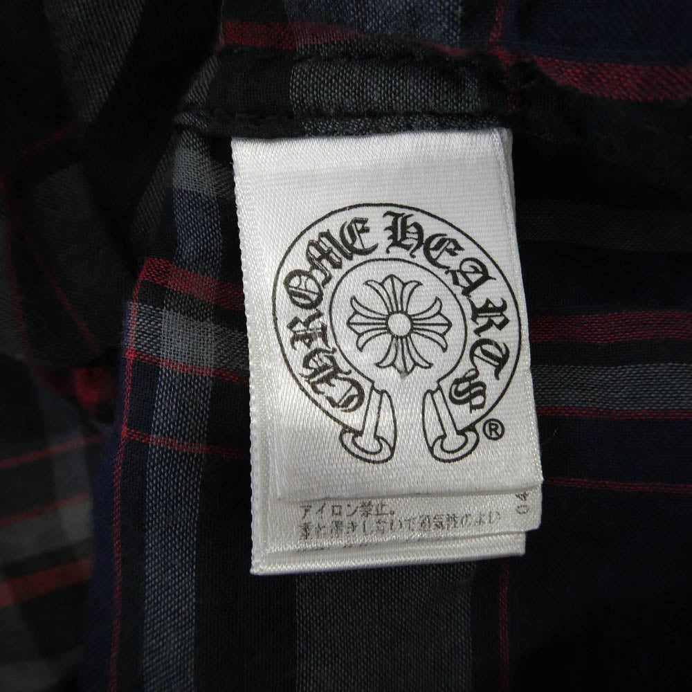 CHROME HEARTS クロムハーツ（原本無） BSフレアボタン 袖レザーパッチ 長袖 チェック シャツ グレー系 ネイビー系 M【中古】
