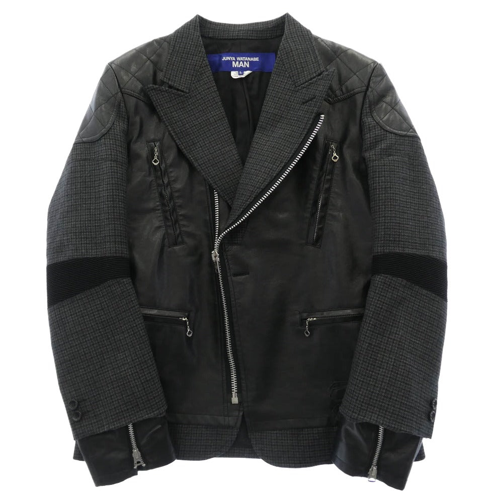 JUNYA WATANABE COMME des GARCONS MAN ジュンヤワタナベコムデギャルソンマン 23AW WL-J006 ウール ガンクラブチェック フェイクレザー ドッキング ライダース ジャケット ブラック系 グレー系 L【中古】