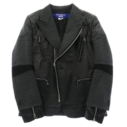 JUNYA WATANABE COMME des GARCONS MAN ジュンヤワタナベコムデギャルソンマン 23AW WL-J006 ウール ガンクラブチェック フェイクレザー ドッキング ライダース ジャケット ブラック系 グレー系 L【中古】