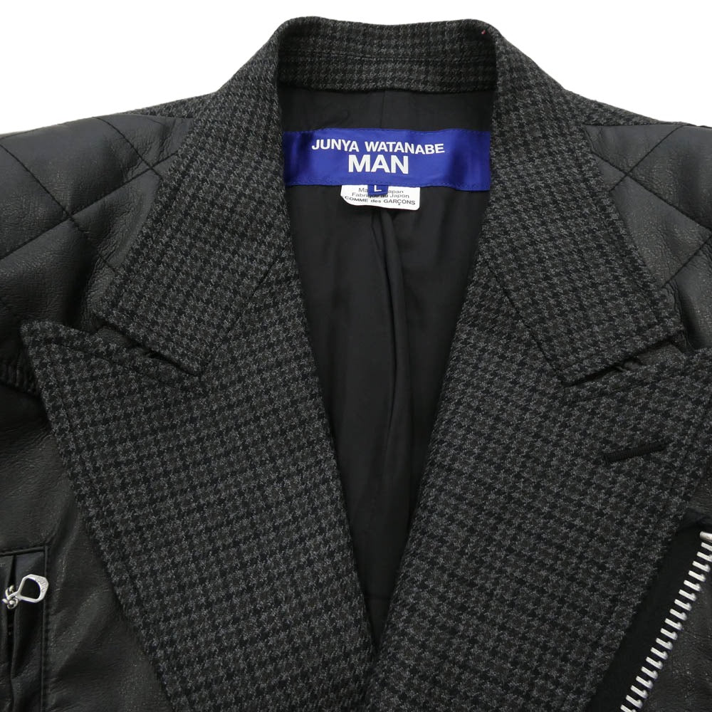 JUNYA WATANABE COMME des GARCONS MAN ジュンヤワタナベコムデギャルソンマン 23AW WL-J006 ウール ガンクラブチェック フェイクレザー ドッキング ライダース ジャケット ブラック系 グレー系 L【中古】