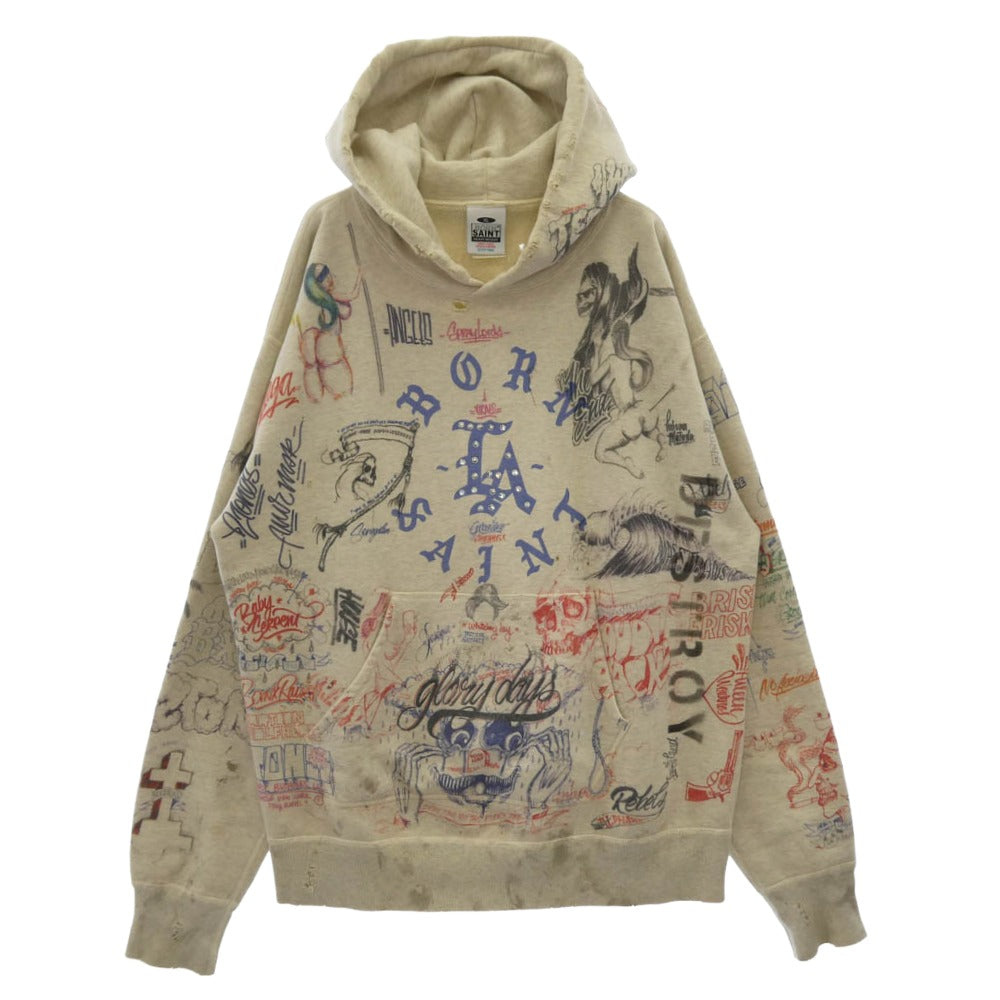 SAINT MICHAEL セントマイケル 24SS SM-YS8-0000-C11 × BONE X RAISED ボーンレイズド LA Hoodie SAINT Mxxxxxx ダメージ加工 ライトストーン 総柄 プルオーバー スウェット パーカー フーディ オフホワイト系 XL【中古】