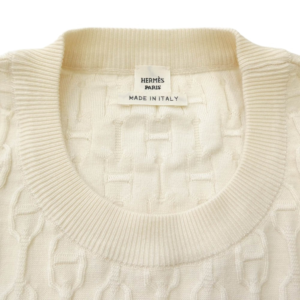 HERMES エルメス シェーヌダンクル柄 シルク カシミヤ ノースリーブ ワンピース アイボリー系 36【中古】