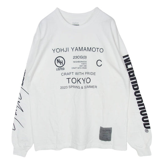 Yohji Yamamoto POUR HOMME ヨウジヤマモトプールオム 23SS HZ-T63-288 ロゴプリント 長袖 ロングスリーブ カットソー Tシャツ ロンT ホワイト系 M【美品】【中古】