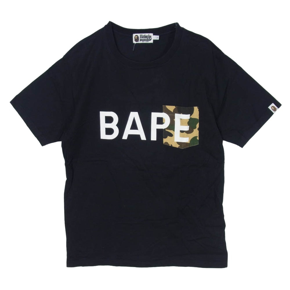 A BATHING APE アベイシングエイプ カモフラポケット ロゴプリント 半袖 Tシャツ ブラック系 L【中古】