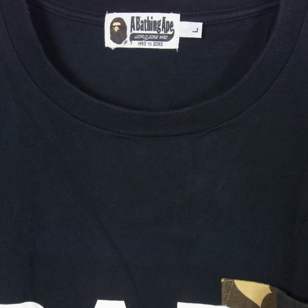A BATHING APE アベイシングエイプ カモフラポケット ロゴプリント 半袖 Tシャツ ブラック系 L【中古】