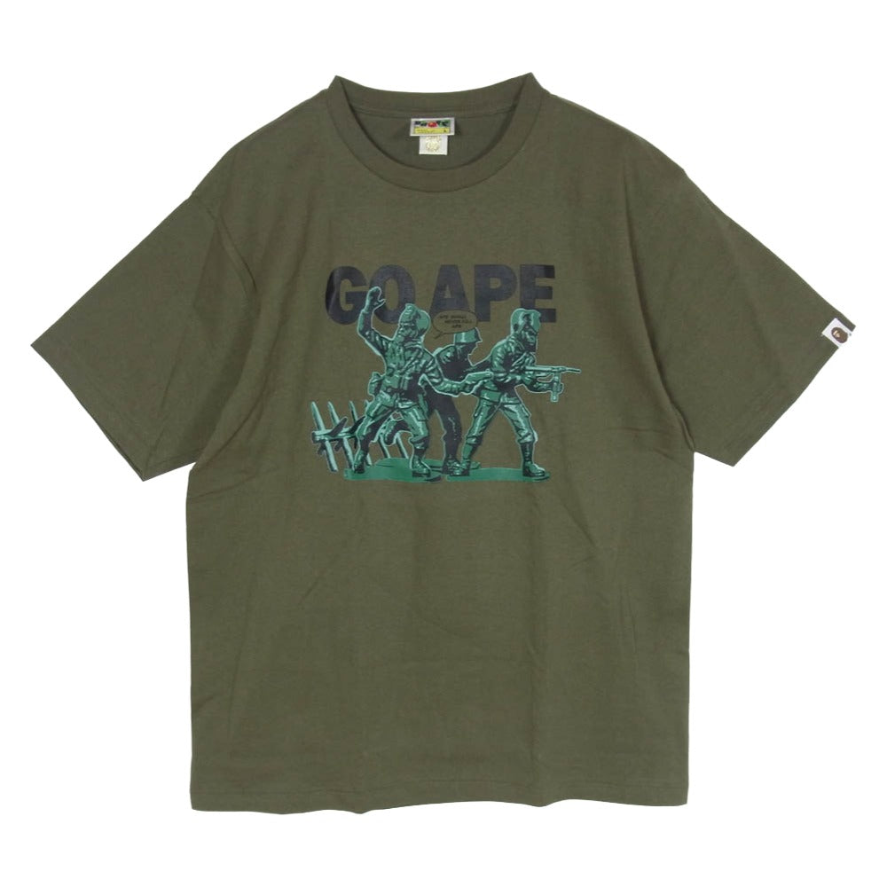 A BATHING APE アベイシングエイプ GO APE ゴーエイプ 兵隊プリント クルーネック 半袖 Tシャツ カーキ系 L【中古】
