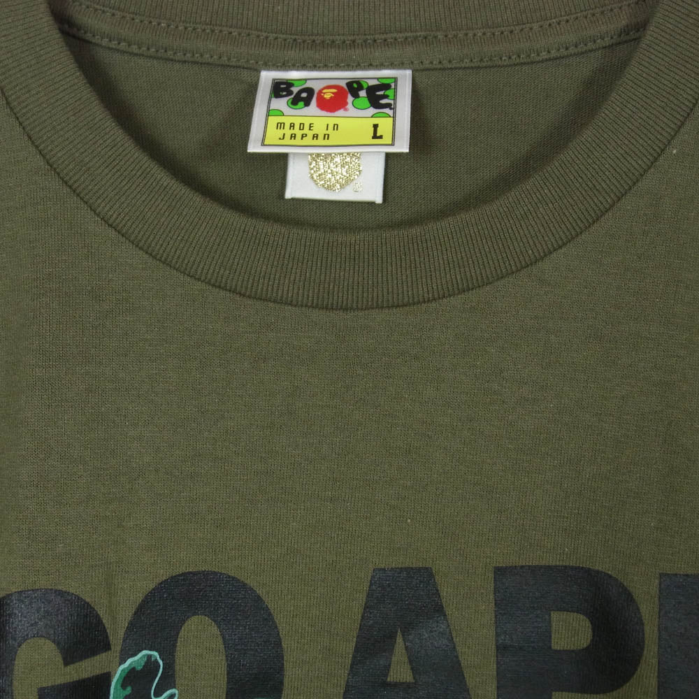 A BATHING APE アベイシングエイプ GO APE ゴーエイプ 兵隊プリント クルーネック 半袖 Tシャツ カーキ系 L【中古】