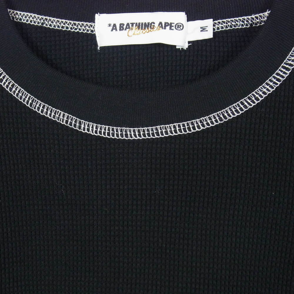A BATHING APE アベイシングエイプ 猿カモワッペン刺繍 サーマル ワッフル ステッチ 長袖 カットソー Tシャツ ブラック系 M【中古】