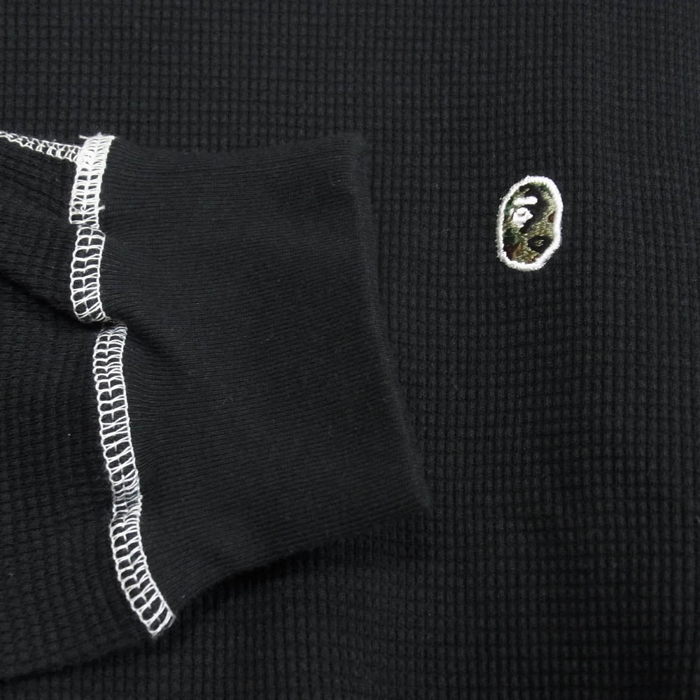 A BATHING APE アベイシングエイプ 猿カモワッペン刺繍 サーマル ワッフル ステッチ 長袖 カットソー Tシャツ ブラック系 M【中古】