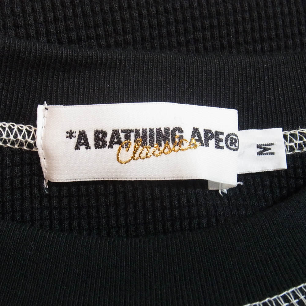 A BATHING APE アベイシングエイプ 猿カモワッペン刺繍 サーマル ワッフル ステッチ 長袖 カットソー Tシャツ ブラック系 M【中古】
