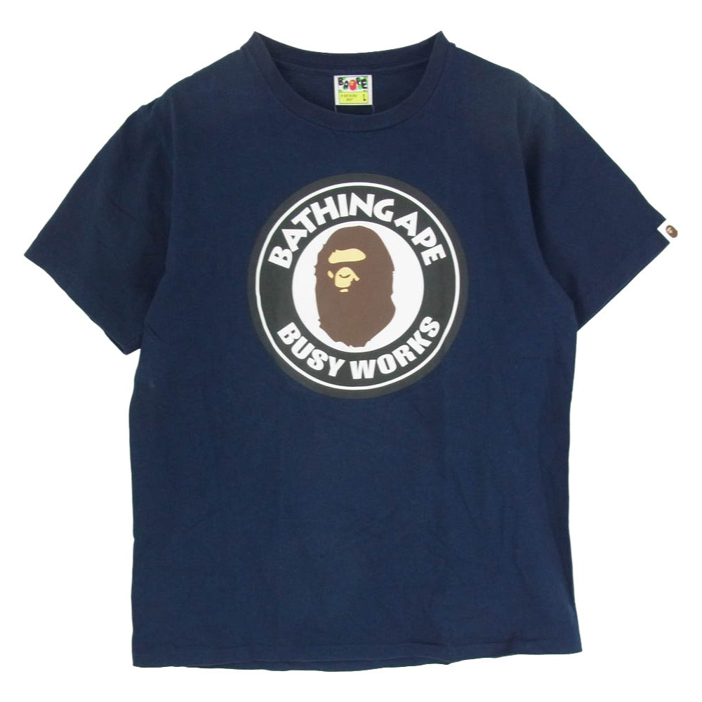 A BATHING APE アベイシングエイプ BUSY WORKS TEE サークルロゴプリント クルーネック 半袖 Tシャツ ネイビー系 L【中古】
