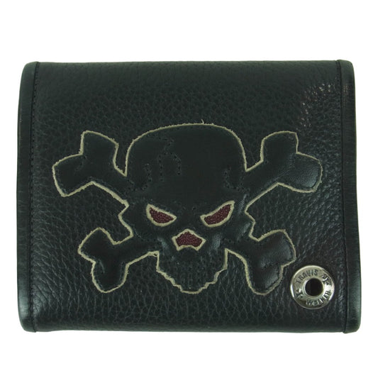 TRAVIS WALKER トラヴィスワーカー クロスボタン スカル レザー ウォレット 財布 アメリカ製 ブラック系【中古】