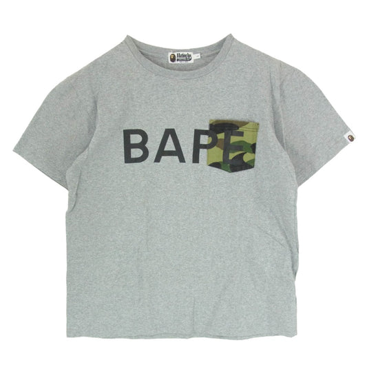 A BATHING APE アベイシングエイプ カモポケット BAPE ロゴプリント 半袖 Tシャツ カットソー グレー系 L【中古】