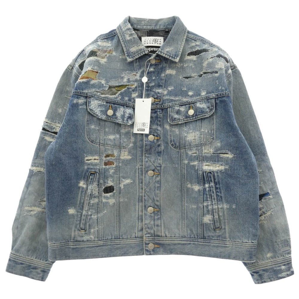 Supreme シュプリーム 26SS x MM6 Maison Margiela エムエムシックス メゾンマルジェラ Distressed Selvedge Denim Trucker Jacket ディストレスド セルビッジ デニム トラッカー ジャケット インディゴブルー系 US M【極上美品】【中古】