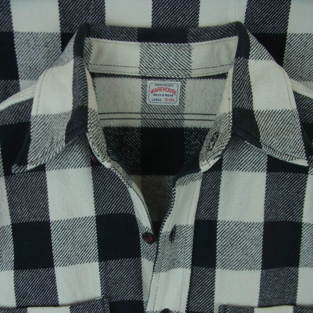 WAREHOUSE ウエアハウス Lot 3104 FLANNEL SHIRTS ブロックチェック ポケット付き ラウンドヘム 長袖 ネル シャツ オフホワイト系 ブラック系 L 16 - 16.5【中古】