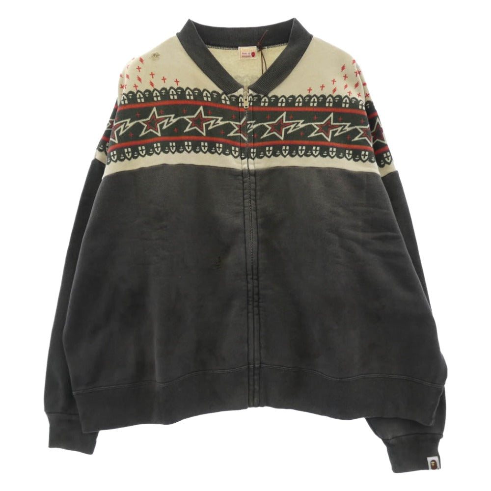SAINT MICHAEL セントマイケル SM-MK3-0000-C52 A BATHING APE アベイシングエイプ BAPE ZIP CARDIGAN 加工 ジップ スウェツト カーディガン チャコール系 L【新古品】【未使用】【中古】
