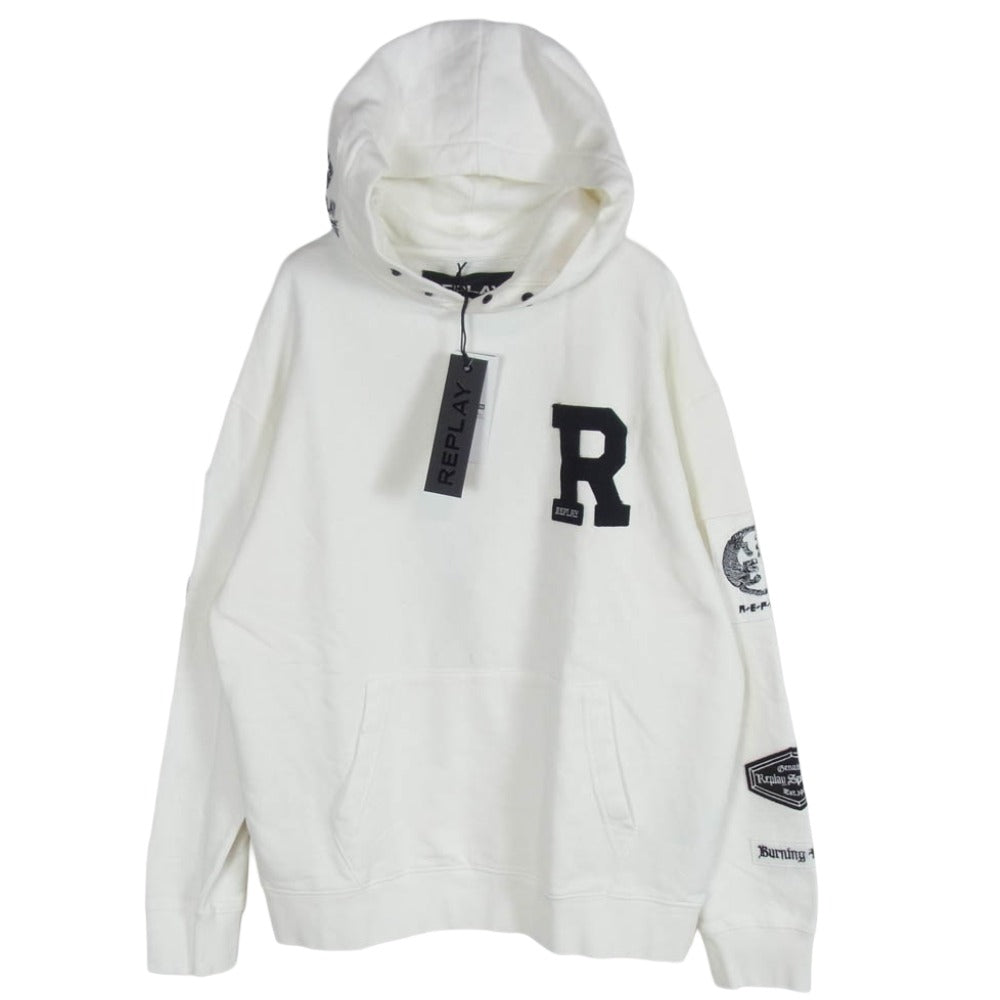 リプレイ M6523.000.21842 Hooded Sweatshirt Biker Patch スウェット フーディ プルオーバー パーカー ホワイト系 L【新古品】【未使用】【中古】