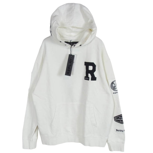 リプレイ M6523.000.21842 Hooded Sweatshirt Biker Patch スウェット フーディ プルオーバー パーカー ホワイト系 L【新古品】【未使用】【中古】