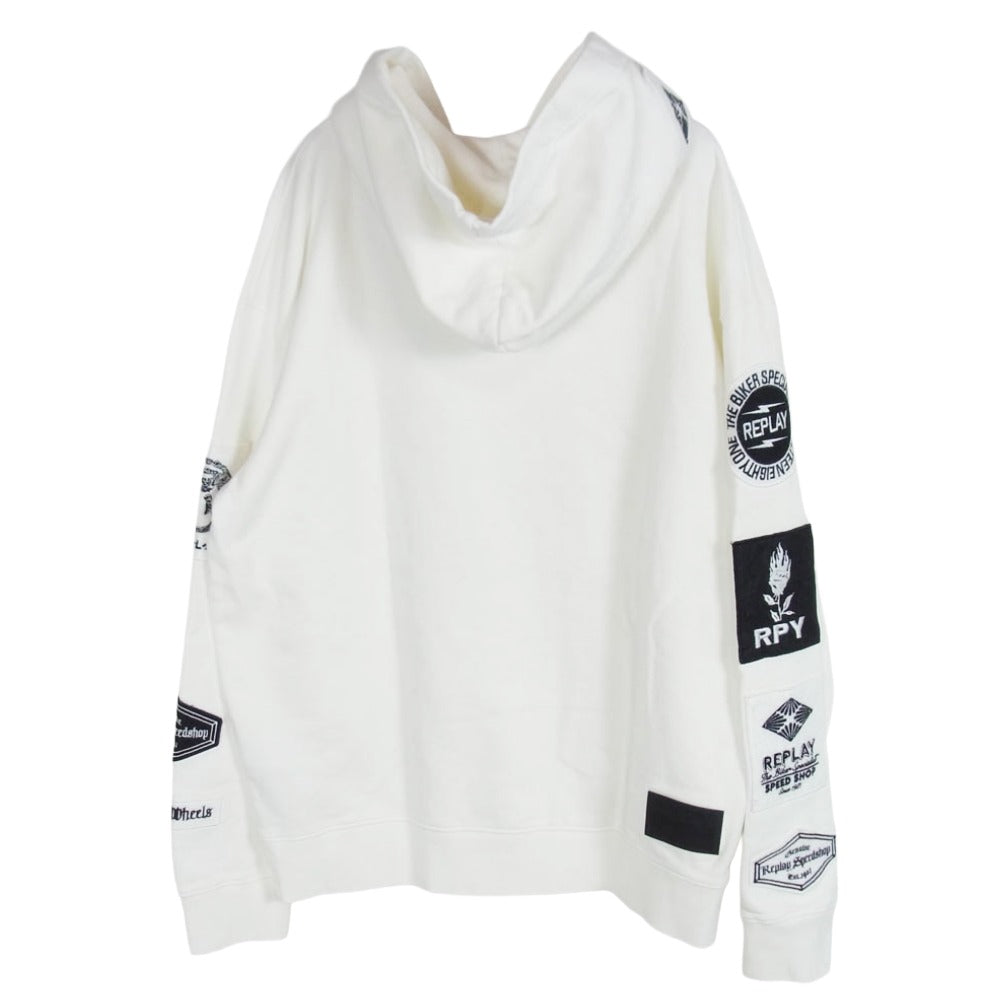 リプレイ M6523.000.21842 Hooded Sweatshirt Biker Patch スウェット フーディ プルオーバー パーカー ホワイト系 L【新古品】【未使用】【中古】