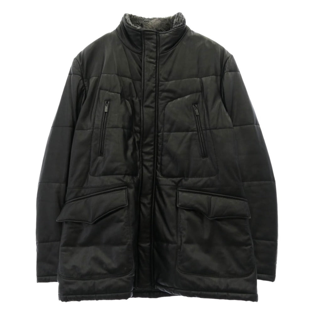 ARMANI COLLEZIONI アルマーニコレッツォーニ 襟ボア 中綿 シープレザー フィールドジャケット ハーフコート ブラック系 50【中古】