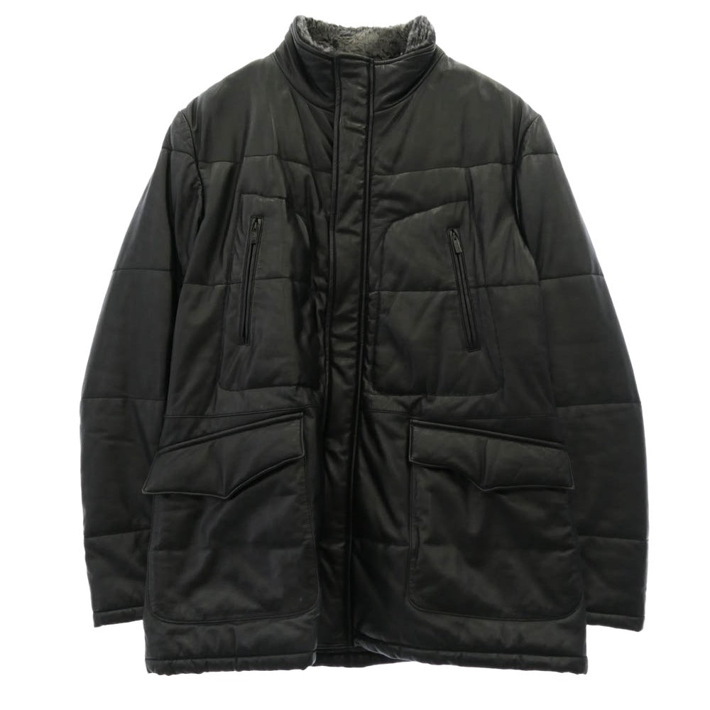 ARMANI COLLEZIONI アルマーニコレッツォーニ 襟ボア 中綿 シープレザー フィールドジャケット ハーフコート ブラック系 50【中古】