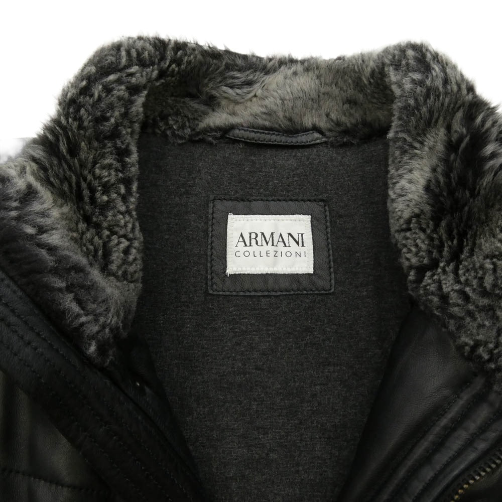 ARMANI COLLEZIONI アルマーニコレッツォーニ 襟ボア 中綿 シープレザー フィールドジャケット ハーフコート ブラック系 50【中古】