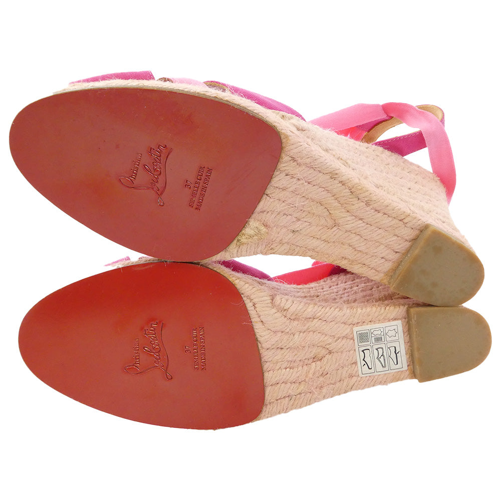 Christian Louboutin クリスチャンルブタン リボン レースアップ ウエッジソール ヒール サンダル ピンク系 37【中古】
