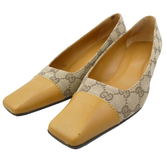 GUCCI グッチ GGキャンバス スクエアトゥ ヒール パンプス ブラウン系 ライトブラウン系 38【中古】