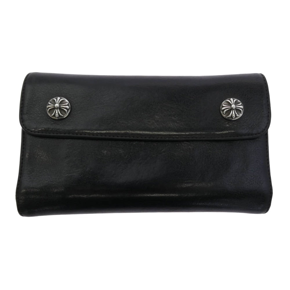 CHROME HEARTS クロムハーツ（原本無） WAVE WALLET クロスボールボタン ウェーブ ロング レザー ウォレット 長財布 ブラック系【中古】