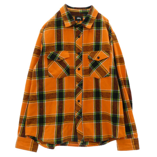 STUSSY ステューシー Ace Plaid L/S Shirt ヘビーウェイト コットン チェック柄 長袖シャツ オレンジ系 XL【中古】
