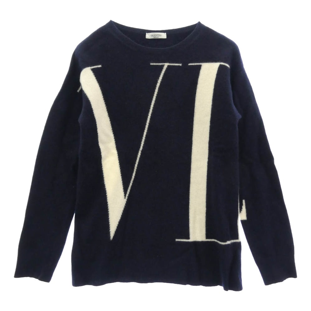 VALENTINO ヴァレンティノ QV0KC29D593 カシミヤ混 VLTNロゴ ロゴプリント クルーネック ニット セーター ダークネイビー系 M【中古】