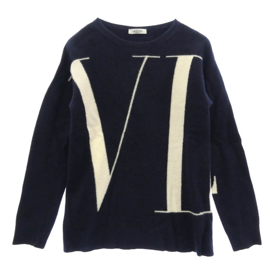 VALENTINO ヴァレンティノ QV0KC29D593 カシミヤ混 VLTNロゴ ロゴプリント クルーネック ニット セーター ダークネイビー系 M【中古】