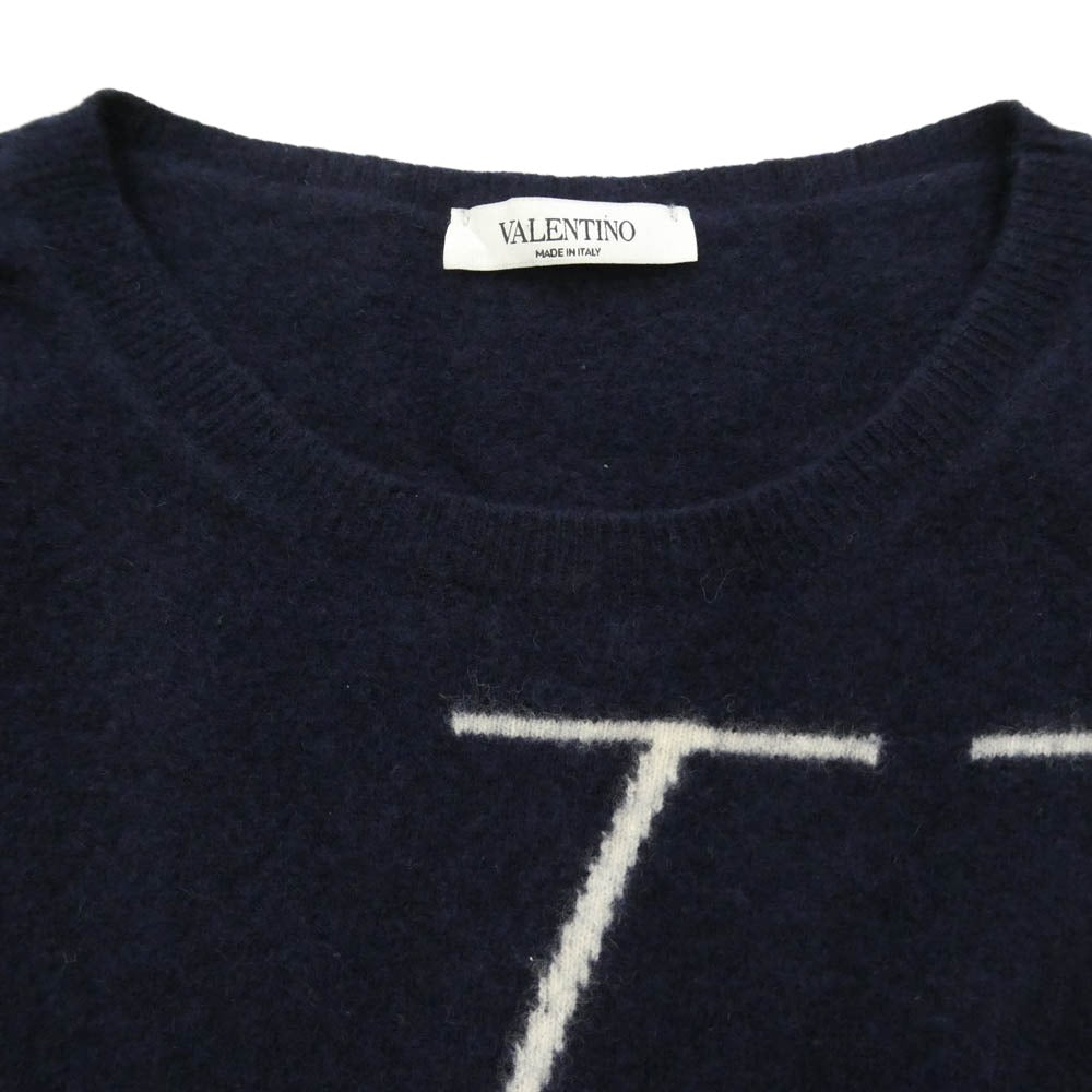 VALENTINO ヴァレンティノ QV0KC29D593 カシミヤ混 VLTNロゴ ロゴプリント クルーネック ニット セーター ダークネイビー系 M【中古】