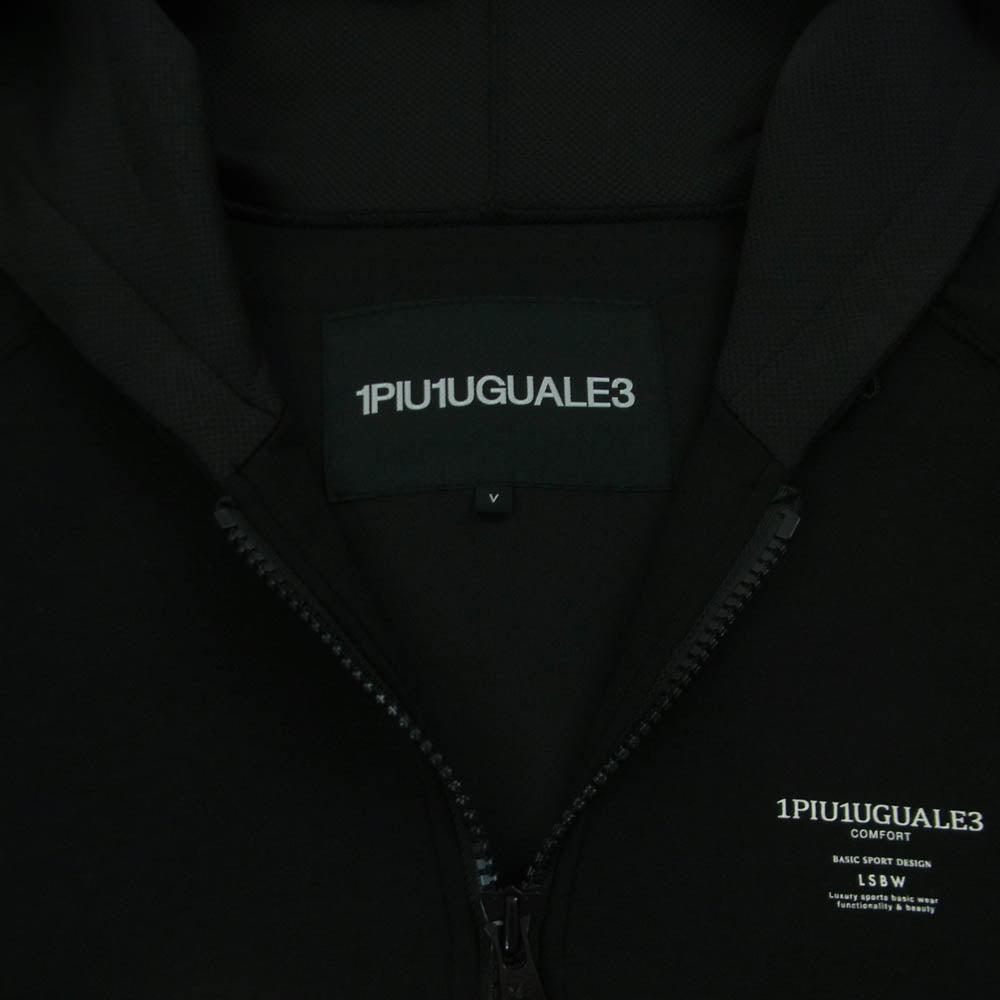 1piu1uguale3 ウノピュウノウグァーレトレ CM001 SPORT COMFORT ZIP UP PARKA 素材切替 ロゴプリント ジップアップ パーカー フーディ ブラック系 5【中古】