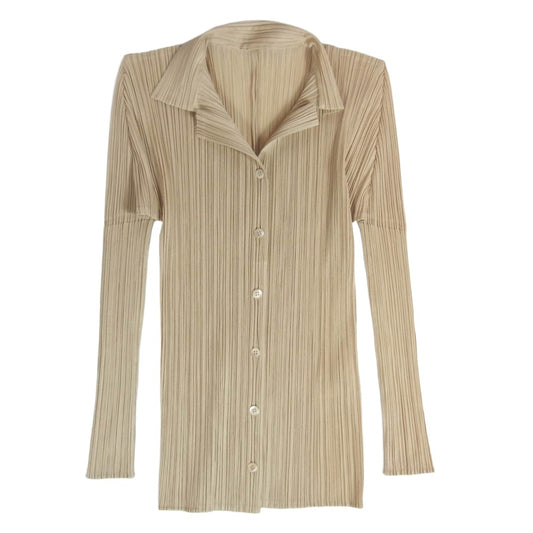 PLEATS PLEASE プリーツプリーズ イッセイミヤケ 00AW PP04-JK624 プリーツ 長袖 オープンカラー 開襟 シャツ ブラウス ベージュ系 3【中古】