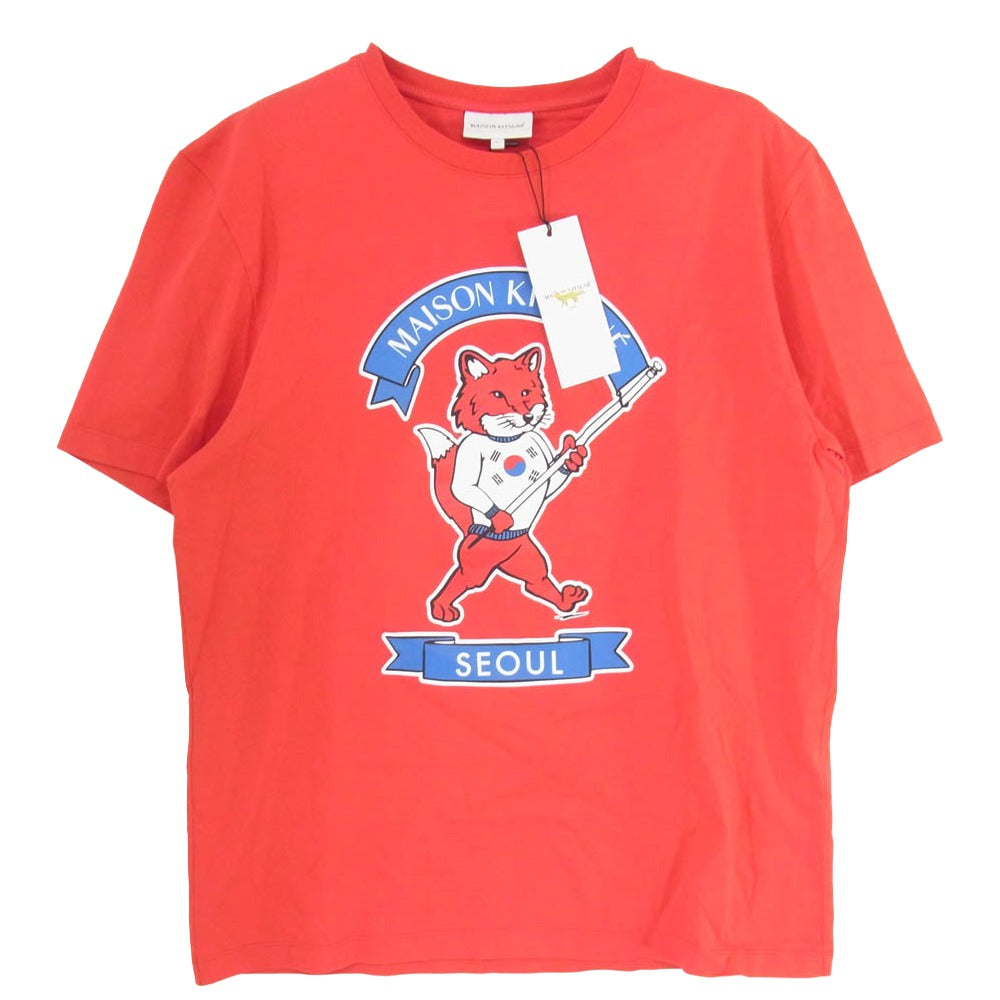 MAISON KITSUNE メゾンキツネ 韓国 限定 カレッジロゴ プリント ショートスリーブ 半袖 Ｔシャツ TEE レッド系 L【極上美品】【中古】