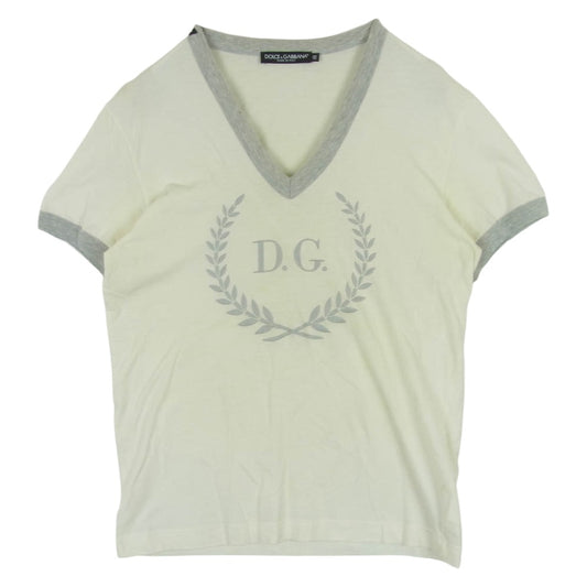 DOLCE&GABBANA ドルチェアンドガッバーナ DG刺繍 Vネック 半袖 Tシャツ カットソー コットン イタリア製 クリーム色系 48【中古】