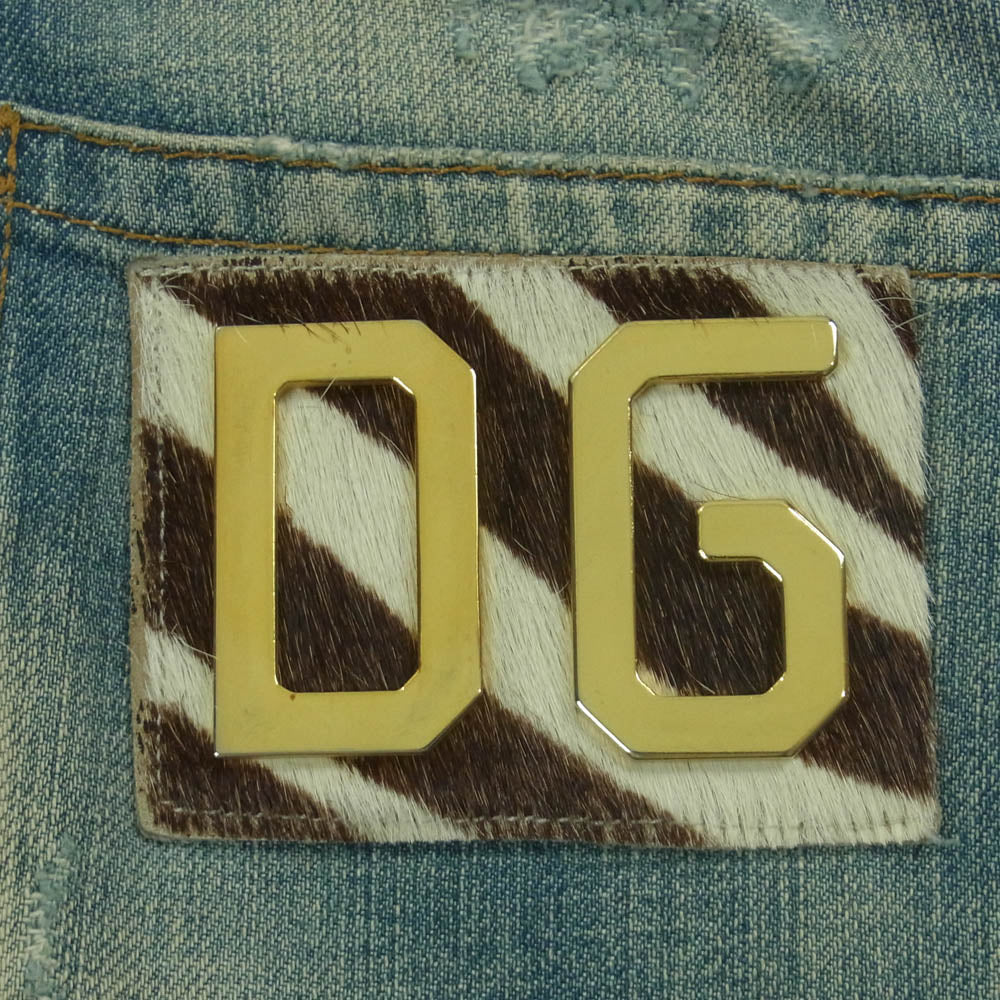 DOLCE&GABBANA ドルチェアンドガッバーナ G309TD/G8112 ダメージ ハラコパッチ ジッパーフライ ストレート ジーンズ デニム パンツ インディゴブルー系 48【中古】