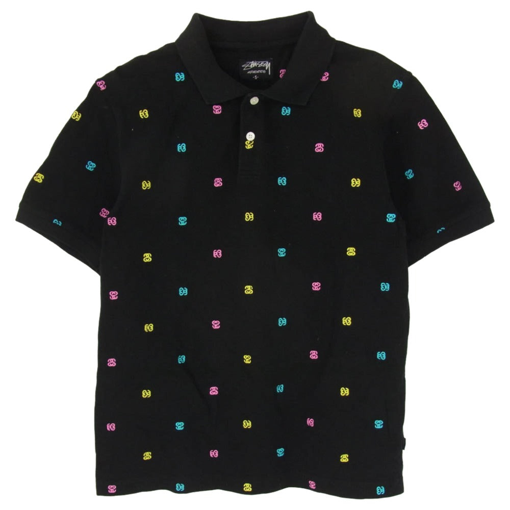 STUSSY ステューシー SS モノグラム 総柄 刺繍 半袖 ポロシャツ ブラック系 S【中古】