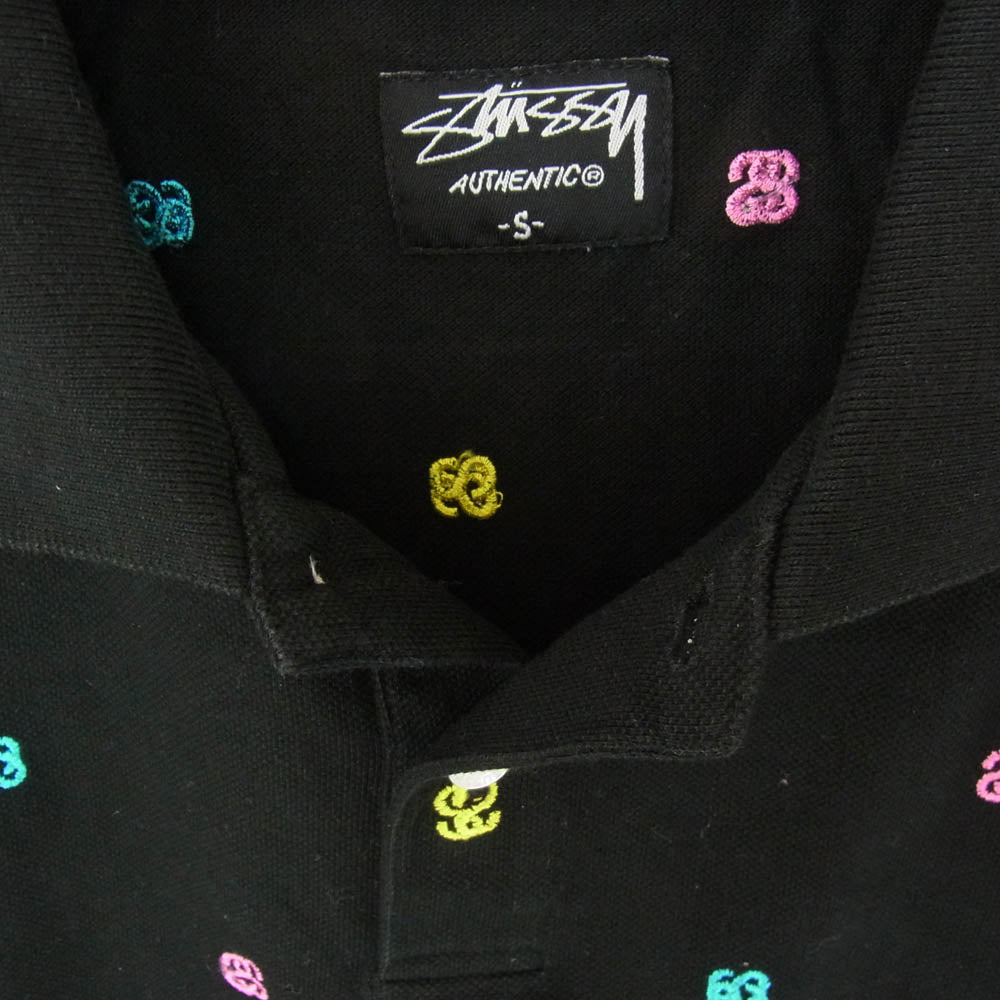 STUSSY ステューシー SS モノグラム 総柄 刺繍 半袖 ポロシャツ ブラック系 S【中古】