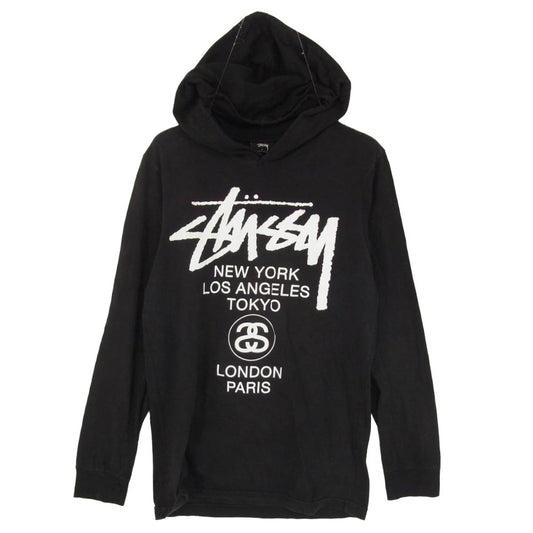 STUSSY ステューシー ワールドツアー フーデッド 長袖カットソー パーカー ブラック系 S【中古】