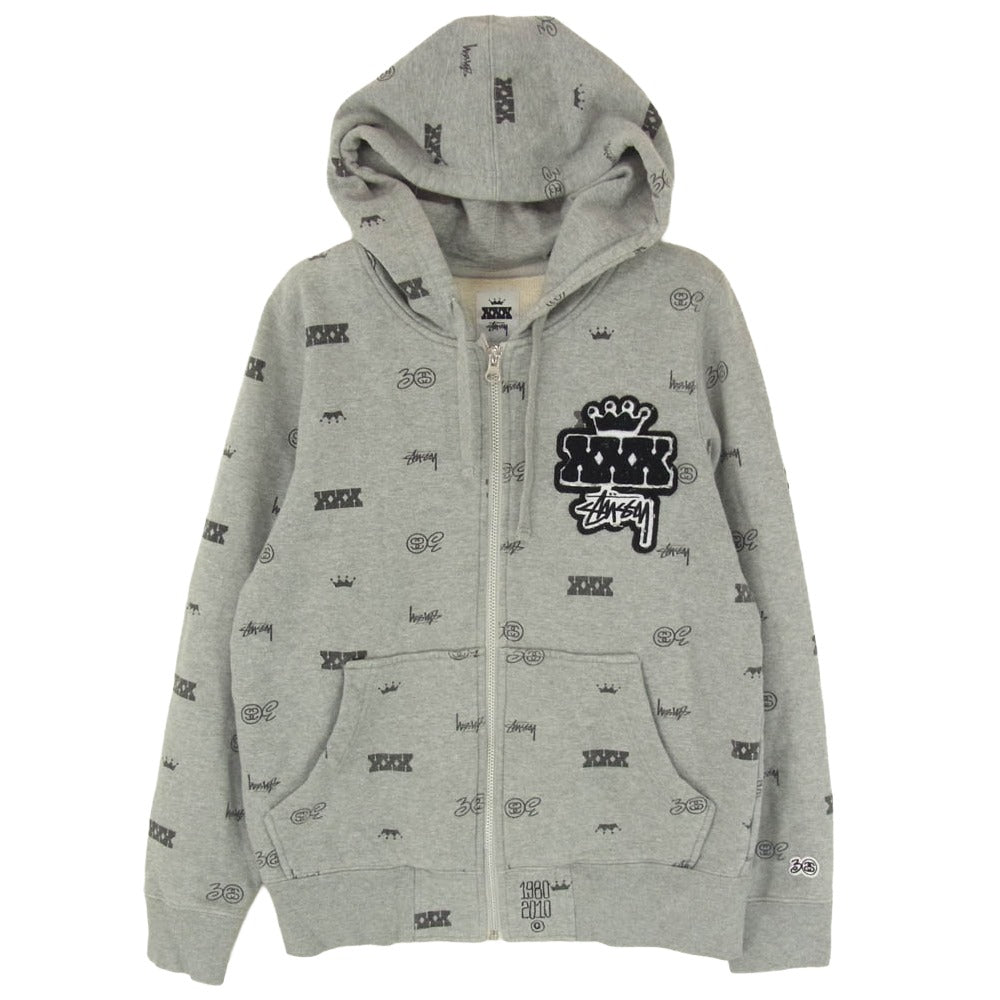 STUSSY ステューシー 30周年 記念 モノグラム 総柄 ジップアップ パーカー フーディ グレー系 S【中古】