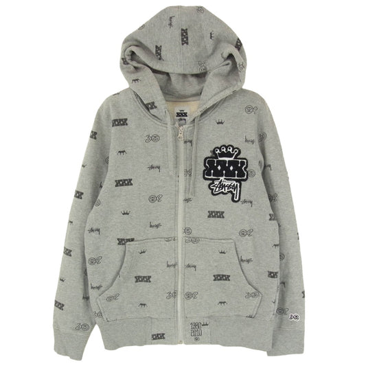 STUSSY ステューシー 30周年 記念 モノグラム 総柄 ジップアップ パーカー フーディ グレー系 S【中古】