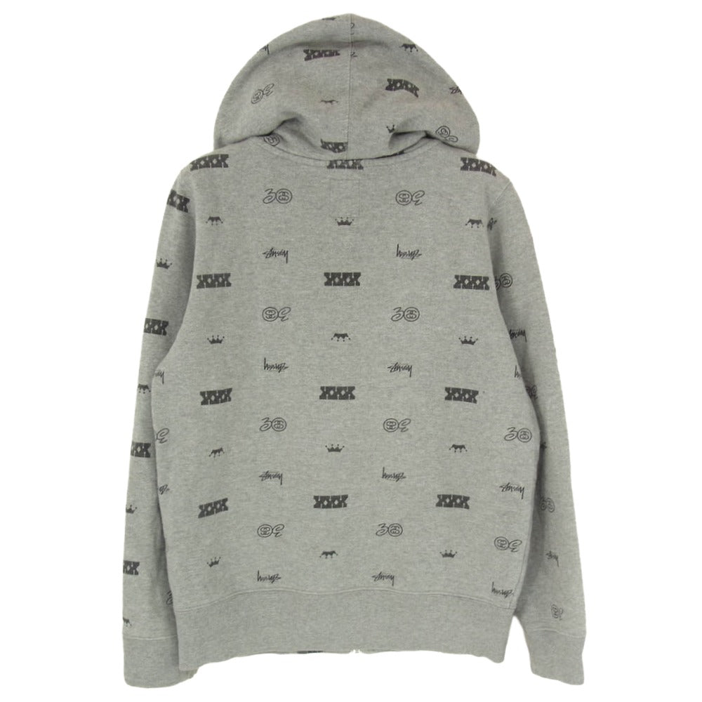 STUSSY ステューシー 30周年 記念 モノグラム 総柄 ジップアップ パーカー フーディ グレー系 S【中古】