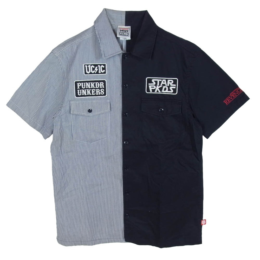 PUNK DRUNKERS パンクドランカーズ STAR スター ワッペン バイカラー 切替 ワーク 半袖 シャツ ブラック系 L【中古】