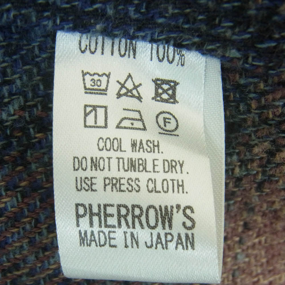 Pherrow's フェローズ 長袖 オンブレ チェック シャツ ネルシャツ コットン 日本製 ブラウン系 ネイビー系 L 40【中古】